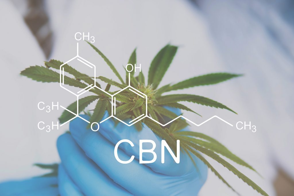 Chemical compound for CBN (cannabinol) is seen with a cannabis / hemp leaf. This blog discusses the benefits and effects of CBN oil for sleep.