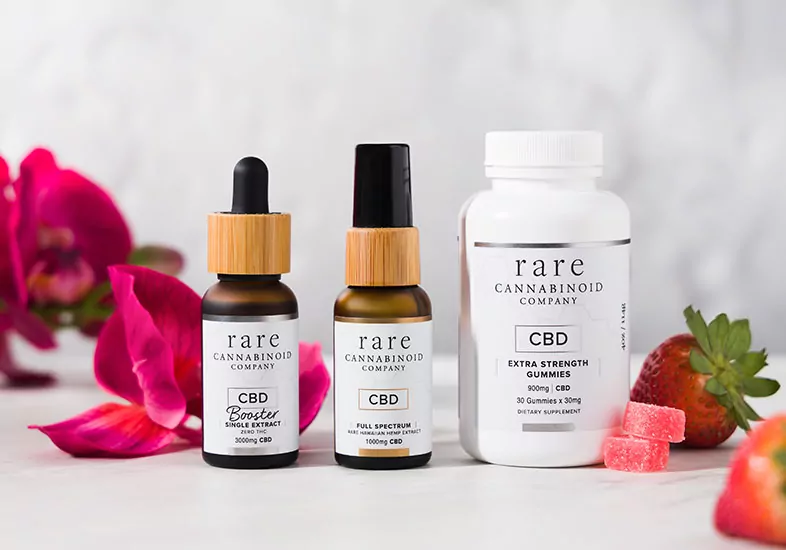 Rare Cannabinoid Company's CBD gummies, CBD oil tincture, and 3000mg CBD Booster. CBD products - oils, isolates & gummies category banner