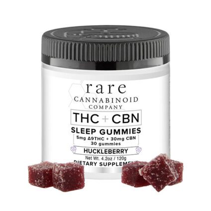 THC + CBN Sleep Gummies Jar. Edibles contain hemp Delta-9-THC and CBN oil (cannabinol) for rest, relaxation, and sleep. Sleep Mood Gummies.