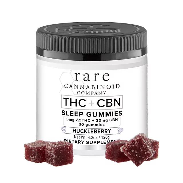 THC + CBN Sleep Gummies Jar. Edibles contain hemp Delta-9-THC and CBN oil (cannabinol) for rest, relaxation, and sleep. Sleep Mood Gummies.