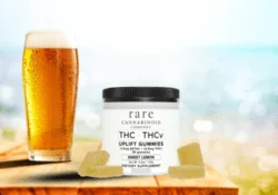 A pint of beer is seen with Rare Cannabinoid Company THC + THCV Uplift Gummies. The beach scene is used for a blog on alcohol and cannabis.