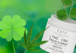 St. Patrick's Day: A four leaf clover is seen with a cannabis / hemp leaf and a jar of Rare Cannabinoid Company THC + CBG Relief Gummies.